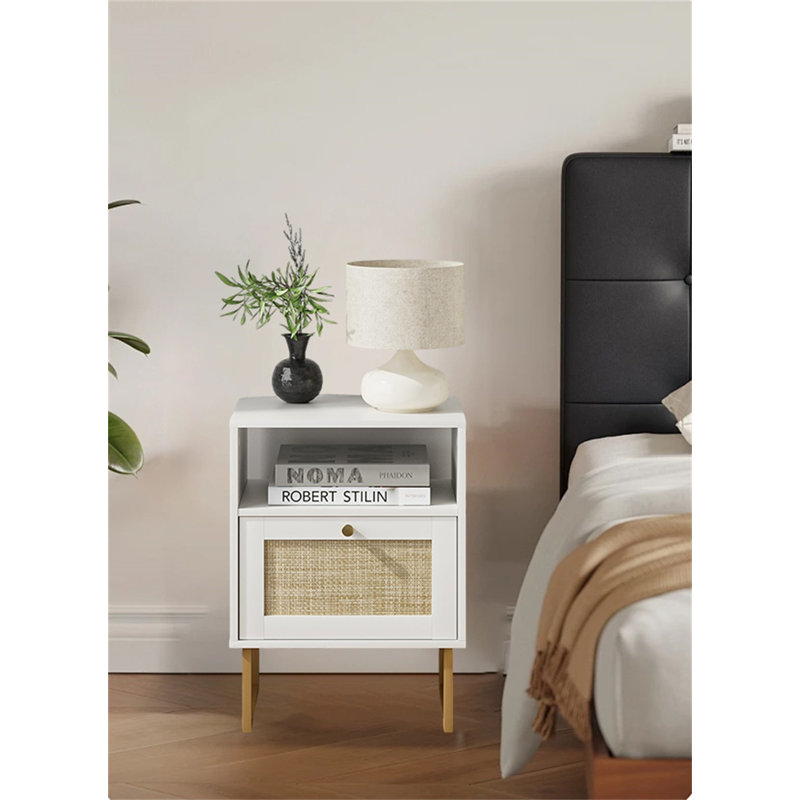 Bohemian Farmhouse Rattan Nightstand, White