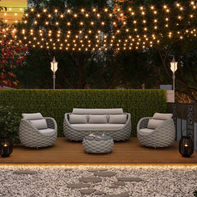5 Person 4 Set Soft Polyester Rope Indoor/Outdoor Conversation Set For Bistro Garden Balcony Porch Deck Backyard Cafe, No