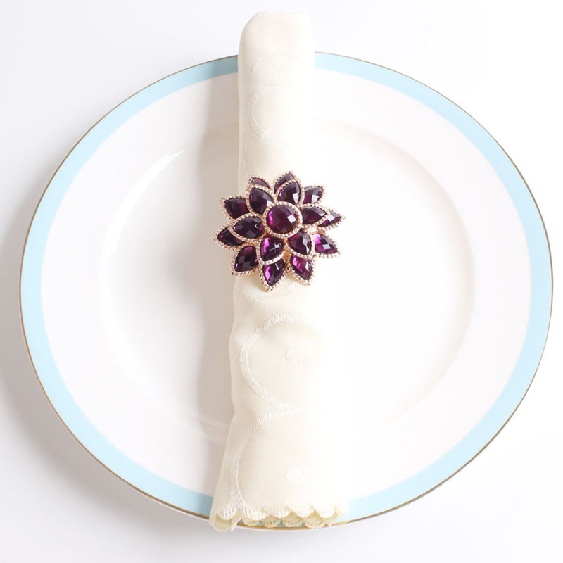 Rond de serviette en métal mauve à strass mauve, ensemble de 4, Mauve
