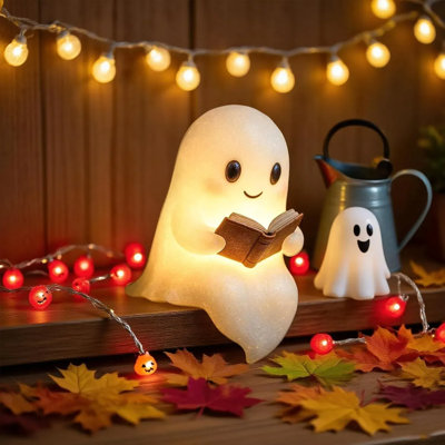 Cute Ghost Reading Book Lamp, Cute Halloween Ghost Night Light, Light Up Ghosts Halloween Decorations For Indoor Home Table Centerpiece Bedroom Shelf Readers (8.6 Inch)