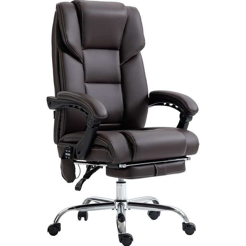 Fauteuil inclinable en cuir Pu pour ordinateur avec 6 massages, chaleur lombaire, hauteur réglable, repose-pieds, inclinaison, vibration brune et fonction d'inclinaison du siège