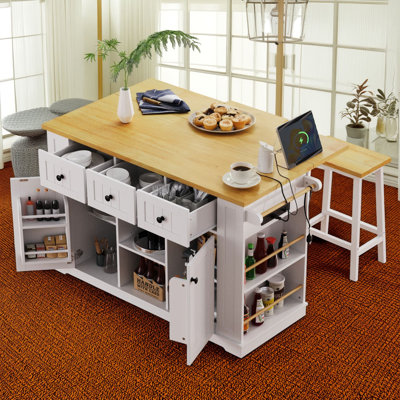 K&k 53" Large Kitchen Island: Includes 2 Bar Stools, Electrical Outlet, In-door Storage, 5 Casters With Folding Leaves, 5 Side Shelves, 3 Drawers by Lark Manor