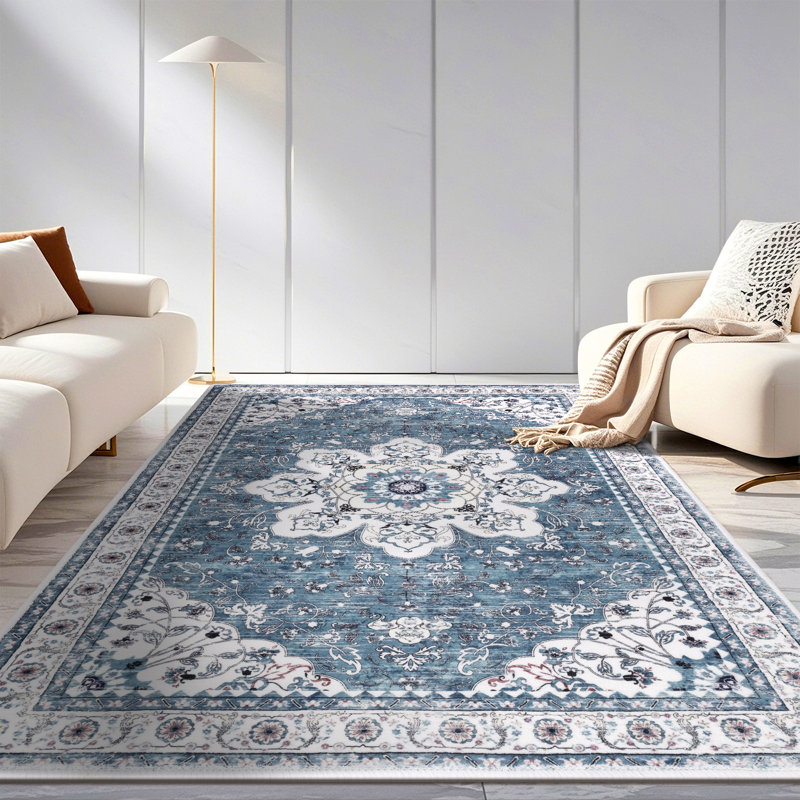 Machine Washable Non-Slip Blue Oriental Area Rug, Rectangle 4' x 6'