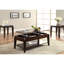 Table basse gracieuse en noyer avec plateau relevable, rangement et tablette de présentation