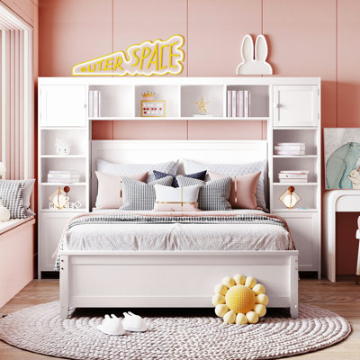 Modern Bed, Wooden Bed With All-In-One Cabinet And Shelf