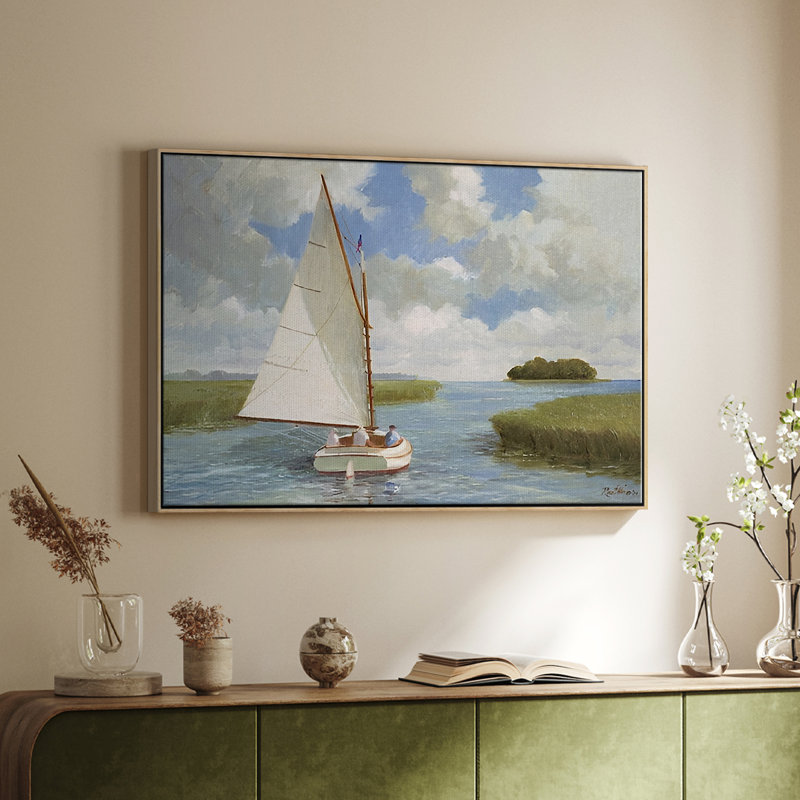 Impression nautique rétro - XIXe, Toile argentée avec cadre flottant, H 17 po x l 25 po x P 2 po