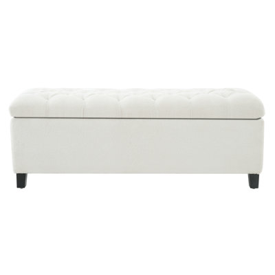 Ottoman Bench With Storage, White Boucle Surface, Rubber Wood Legs, 300 Lbs Capacity