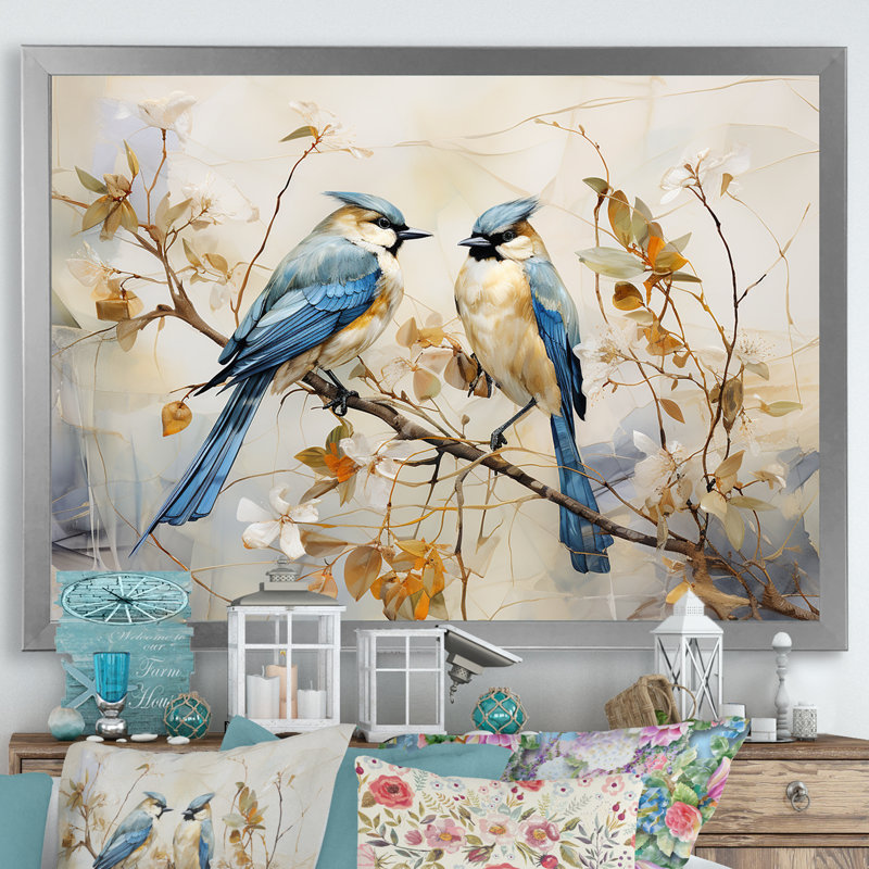 «Minimalisme, oiseaux du paradis, fleurs de cerisier I», reproduction sur toile, H 16 po x l 32 po x P 1 po, Argent