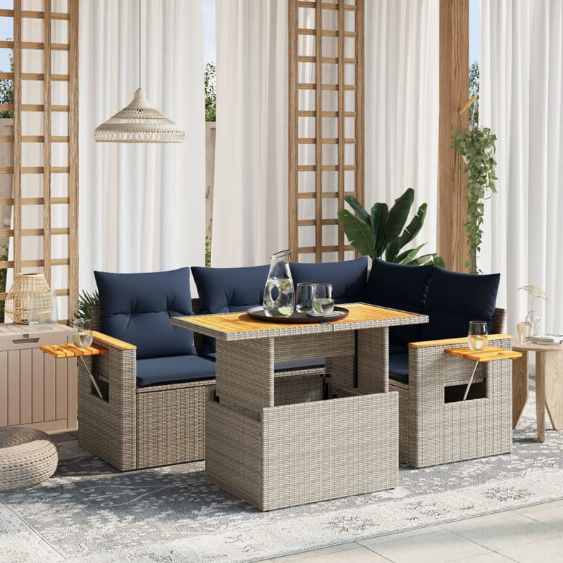  Ensemble de canapé de patio 5 pièces avec coussins en rotin de polyester, Bleu, Gris