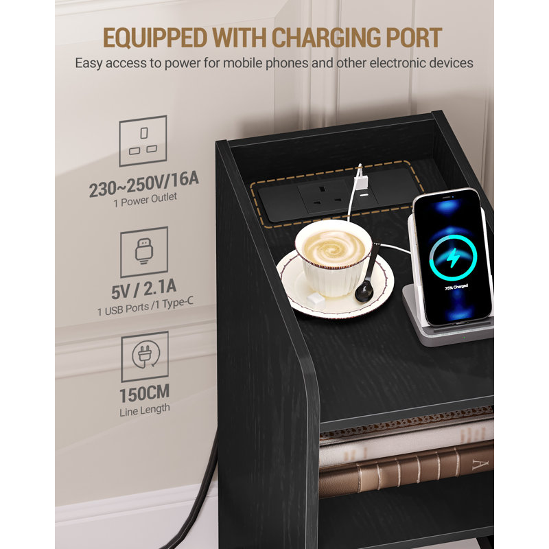 Slim Bedside Tables Set of 2 with Charging Station, Narrow Bedside Cabinet with Drawer, USB & Type-C Ports, Nightstands with Adjustable Shelves for Bedroom, Living Room 