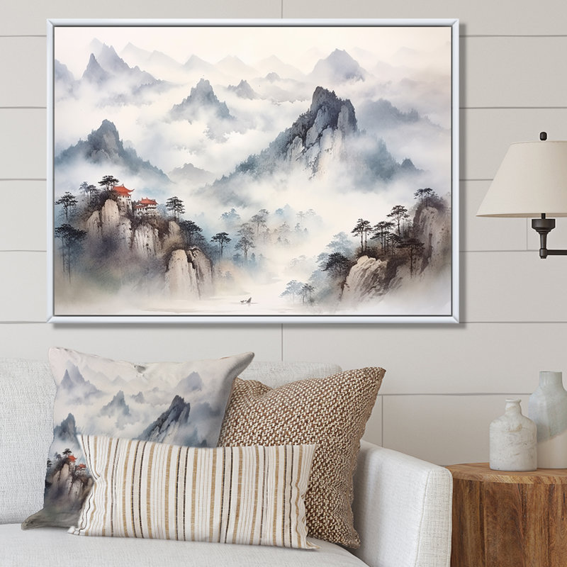 «Gray River China Landscape III», art mural Chine, Cadre flottant brun, H 32 po x l 16 po x P 1 po