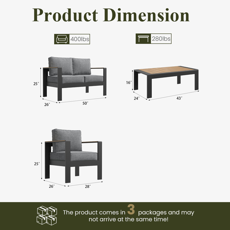  Ensemble de meubles d'extérieur en aluminium avec table basse, ensembles de conversation de patio moderne pour porche, cour arrière