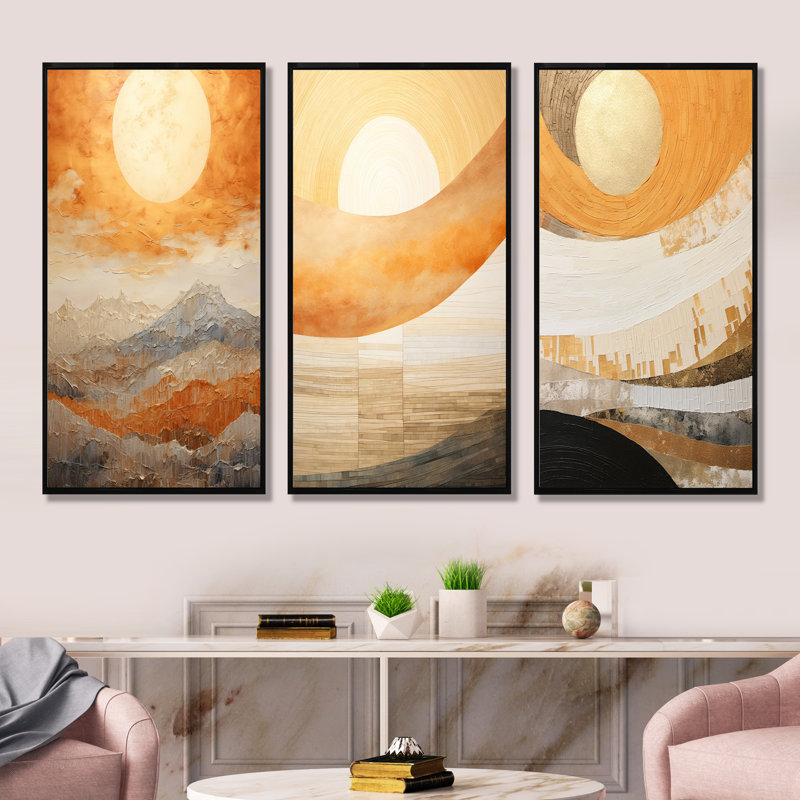 Ensemble de 3 décorations murales géométriques beiges et coucher de soleil, H 28 po x l 36 po, Cadre flottant noir