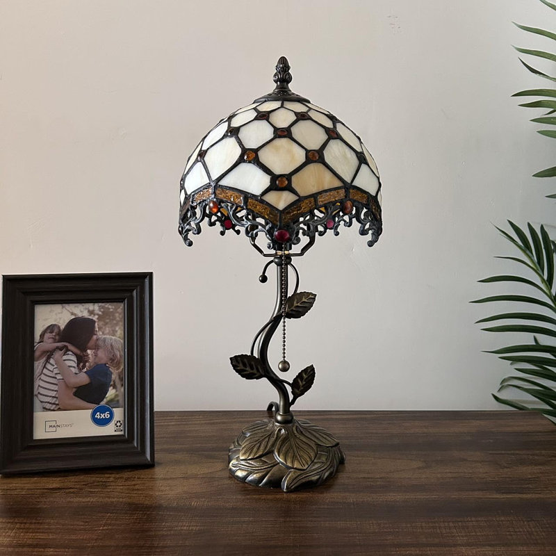 Beige Stained Glass Table Lamp with Bronze Resin Base