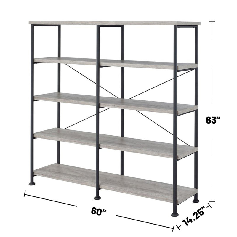 Bibliothèque double avec 4 tablettes larges en bois flotté gris et noir pour un décor moderne 4 espaces de rangement polyvalents