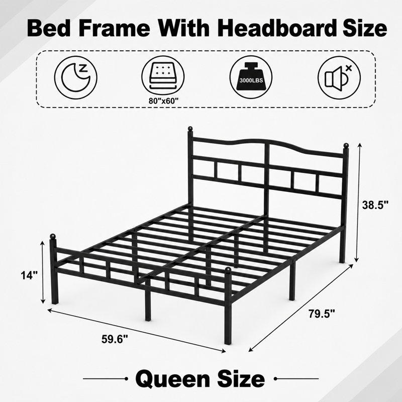 Metal Bed Frame With Headboard, Queen