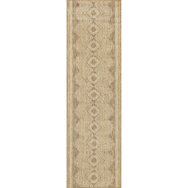 Tribal Indoor/Outdoor Area Rug, Runner 2' x 6', Light Brown/Ivory