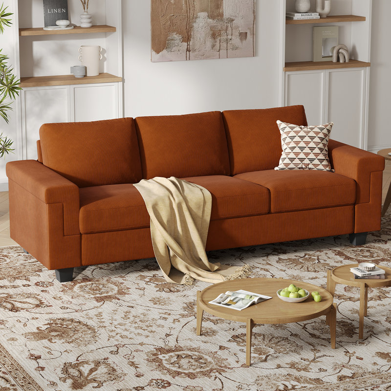 Canapé en polyester à accoudoirs carrés Dereon, H 32,7 po x l 90 po x P 35 po, Corduroy Rust