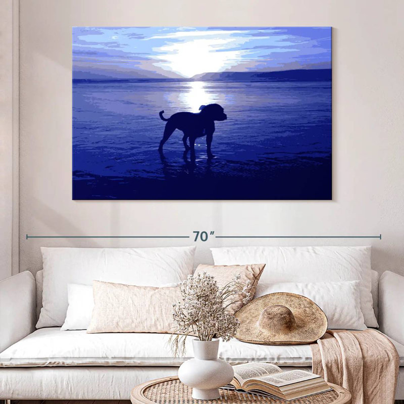 Staffordshire terrier de Brampt sur la plage - bleu, H 34 po x l 51 po