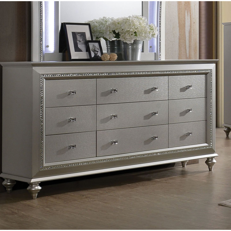 Commode double 9 tiroirs Lundt, Argent argent