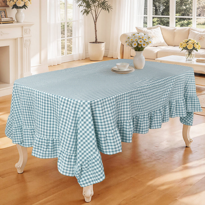 100% Cotton Plaid Tablecloth With Ruffled Edge, Blue, 120" L x 60" W