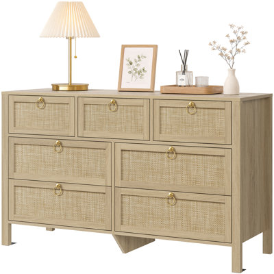 Pomodoro 51" W Rattan 7-Drawer Dresser With Golden Handles, Coastal Boho Bedroom Storage Chest