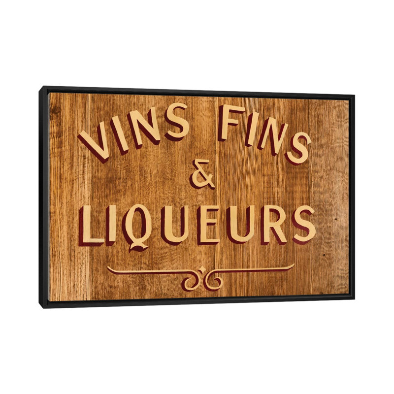 Vins Fins and Liqueurs Textual Art on Wrapped Canvas, 18" H x 26" W x 1.5" D, Black Framed Canvas, No Matte