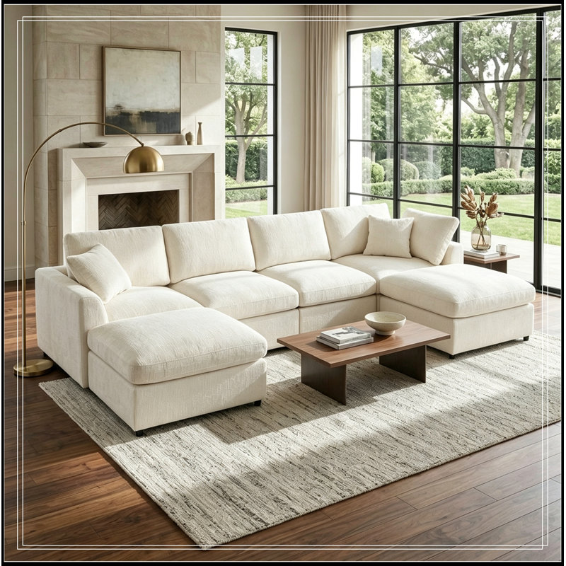 Chenille recouverte de 2 repose-pieds mobiles et 1 coussin décoratif, Beige