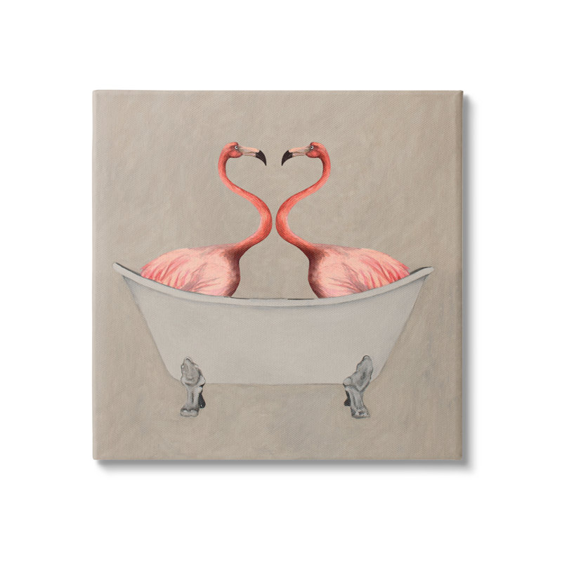 Flamants roses dans la baignoire, peinture sur toile beige, H 30 po x l 30 po x P 1,5 po