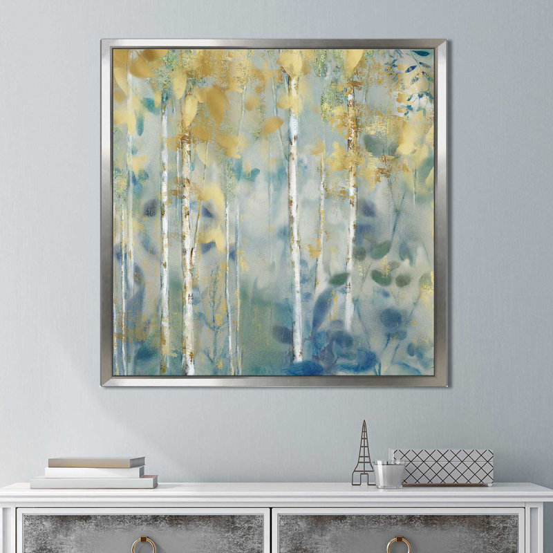 «Gilded Forest II», reproduction de peinture acrylique, H 27,5 po x l 27,5 po x P 2 po, Cadre flottant argent