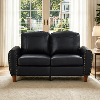 59" Classic Living Room Sofa Loveseat Faux Leather Couch,Rolled Arm Sofa with Nails,Solid Wood Legs,Upholstered Breathable PU Leather Black.
