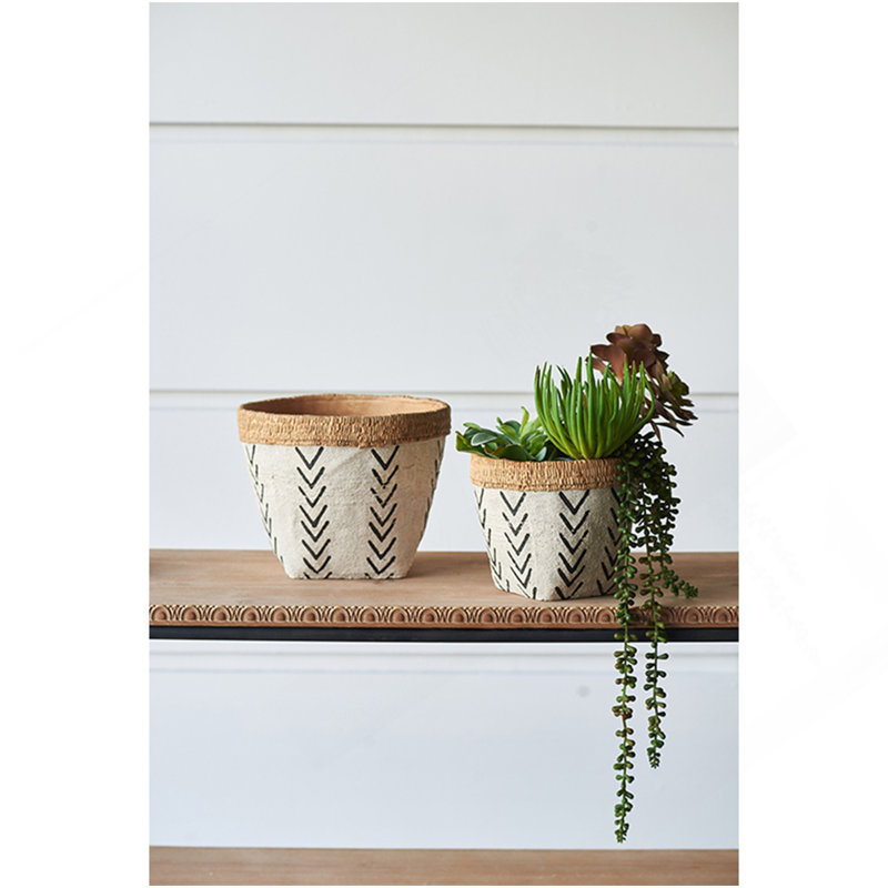 Ensemble de 2 jardinières en ciment blanches et brunes avec motif en V, l 10 po x P 8 po x P 8,5 po