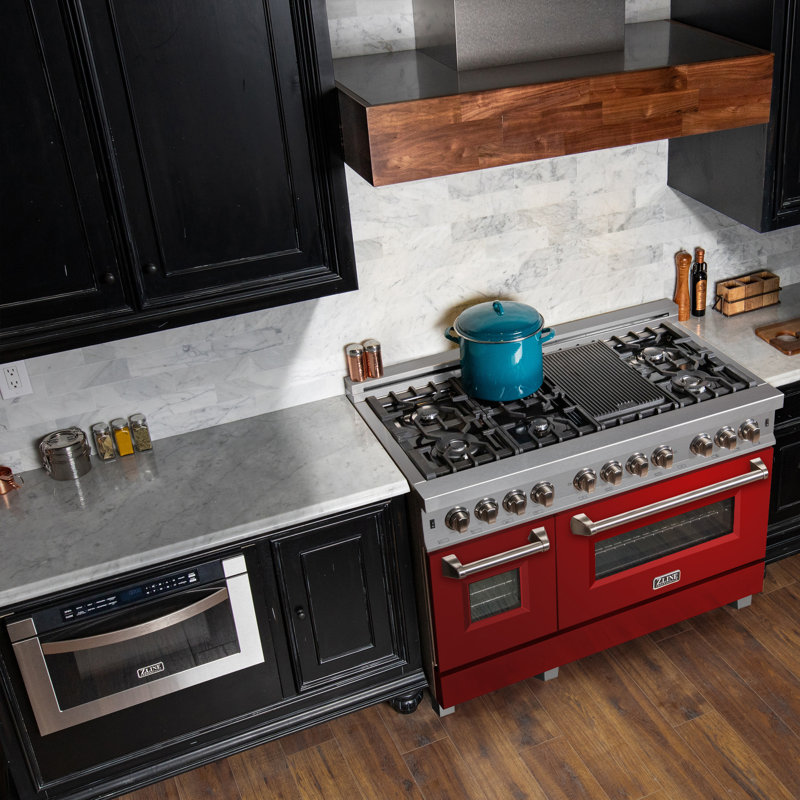 ZLINE 48" Legacy Dual Fuel Range, Red Gloss Satin Stainless Steel