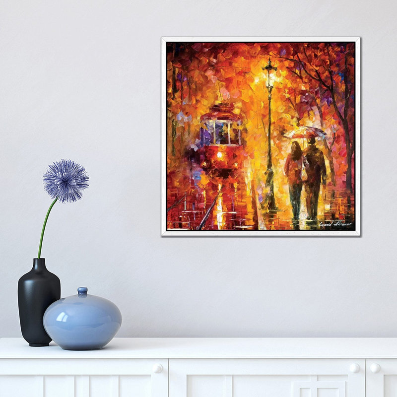 Date By The Trolley by Leonid Afremov - Print on Canvas, White Framed Canvas, 45.72 cm H x 45.72 cm W