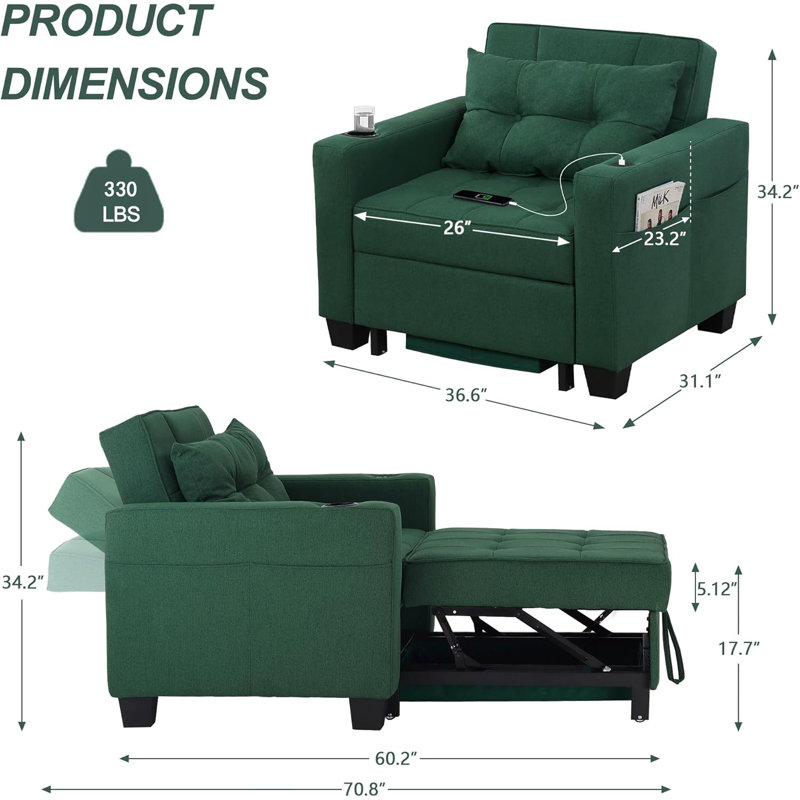 Fauteuil-lit escamotable 3-en-1 à lattes de 36,6 po Latitude USB Latitude Run, 100% lin vert forêt