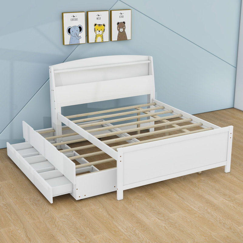 Lit plateforme en bois Sinit avec tête de lit DEL, tiroirs et lit gigogne simple, Complète