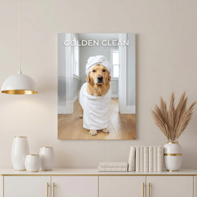 Golden Retriever Dog In Towel Canvas Wrapped Wall Art Oil Painting Print Set Of 1