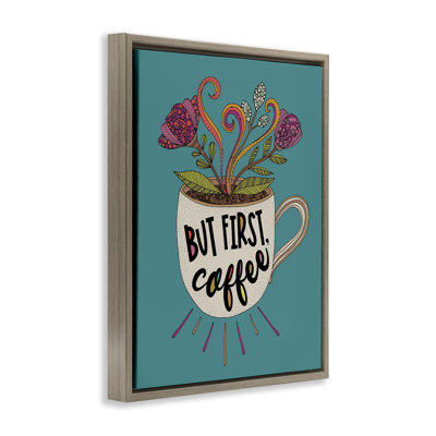 «First Coffee with Florals», art mural encadré sur toile flottante par Valentina Harper