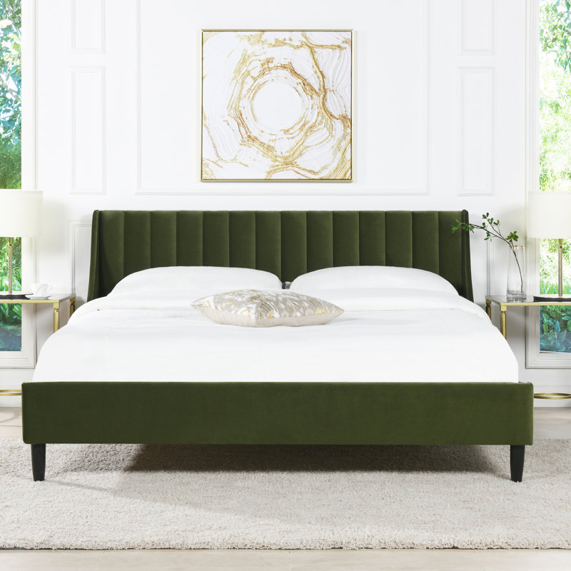 Helaina Upholstered Wingback Bed, King, Olive Green Velvet