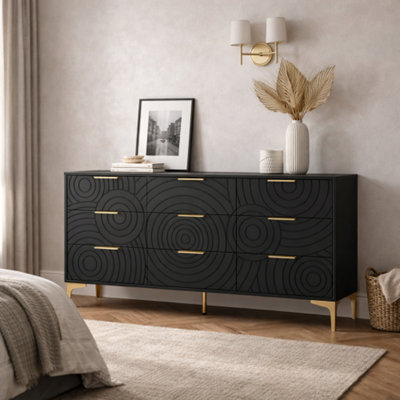 Commode 9 tiroirs en bois avec pieds et poignées en métal