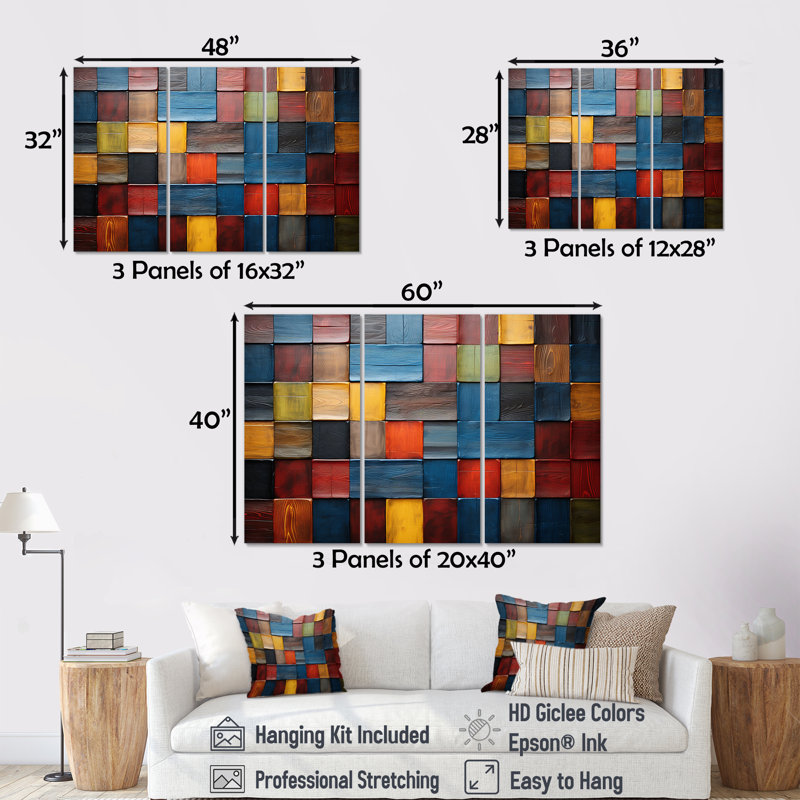 Carreaux colorés de couleurs terreuses V - mosaïque boho, H 28 po x l 36 po x P 1 po, Toile tendue