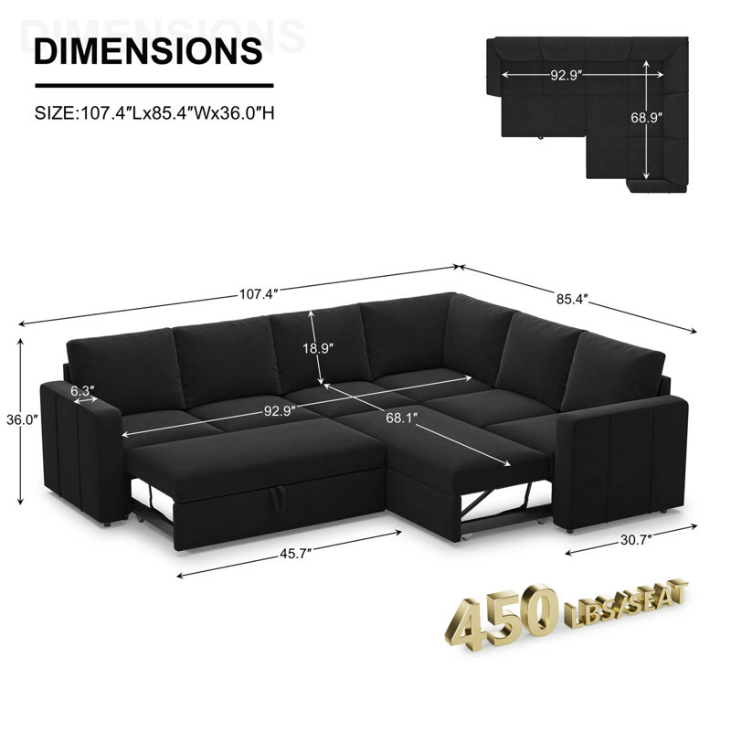 L Shaped Velvet Chenille Pullout Sofa Bed Sectional