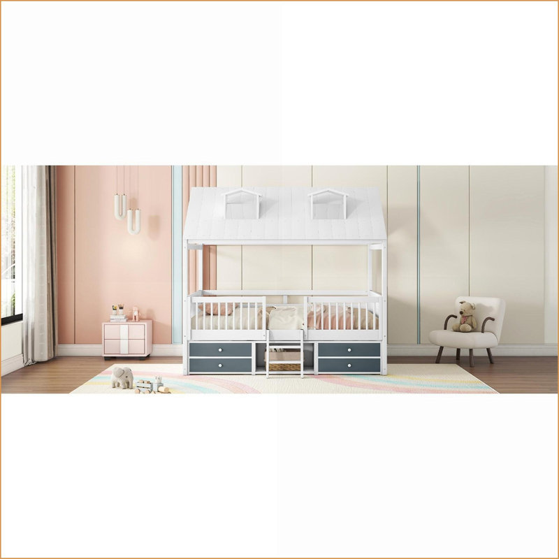 Structure de lit double en bois massif avec rangement et amp; Échelle, blanc - capacité de 600 lb, Lit double, Blanc