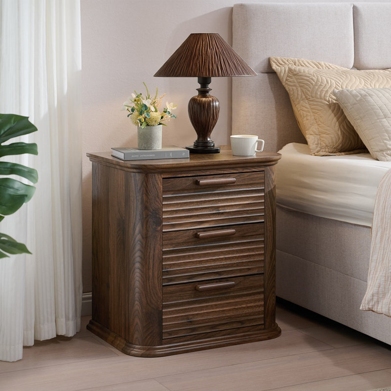 Allysyn 22" Wide Fluted 3 Drawer Nightstand, Walnut