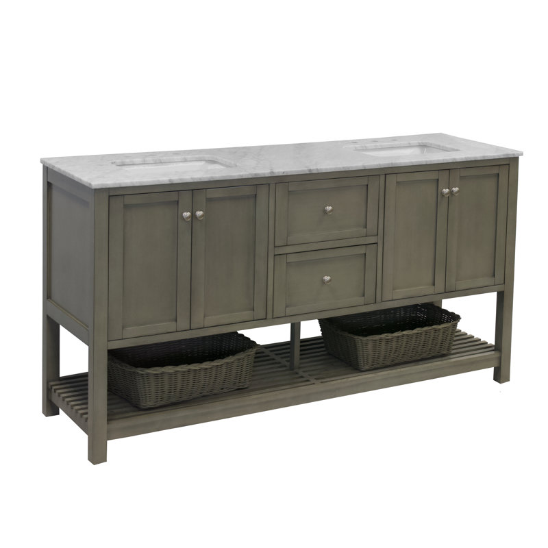 Binne 72'' Double Bathroom Vanity with Top, Weathered Gray, Carrara Marble