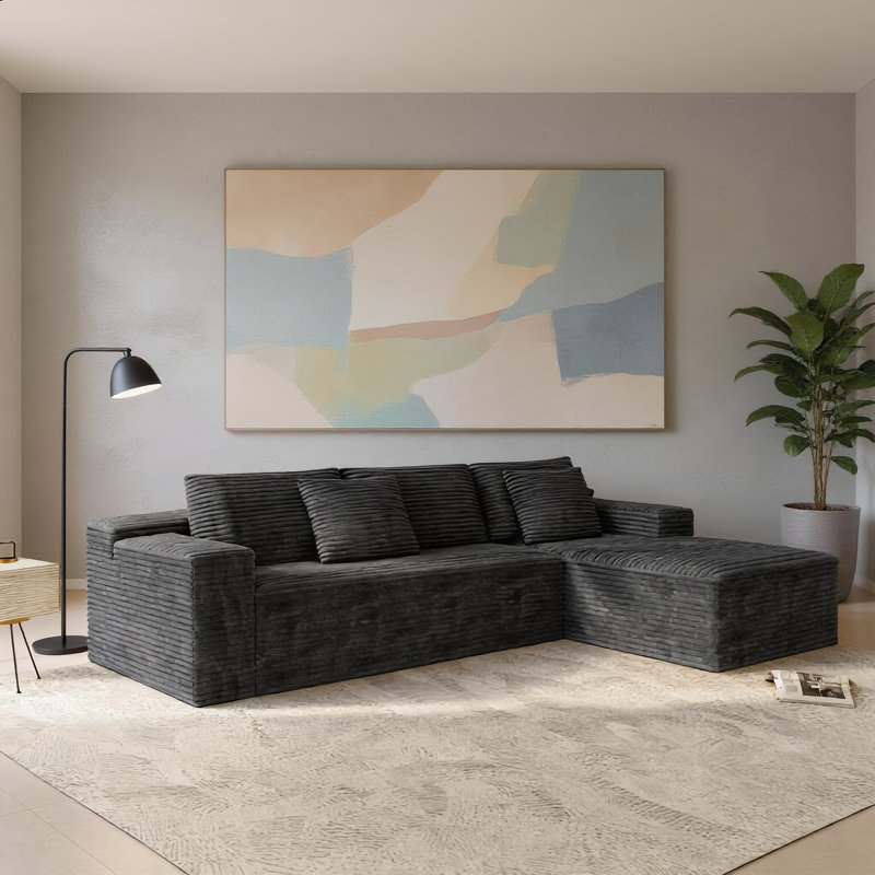 2-Piece Modular Sectional Sofa, Grey Plush Corduroy Compressed Couch, 104.3" X 68.9", Free Combination Design, No Assembly Required For Living Room Apartment Bedroom