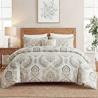 100% Cotton Duvet Cover Set King Size, Boho Paisley Bedding Set with Zipper Closure & Corner Ties, Soft Breathable Cream Paisley Floral Duvet Cover for All Seasons