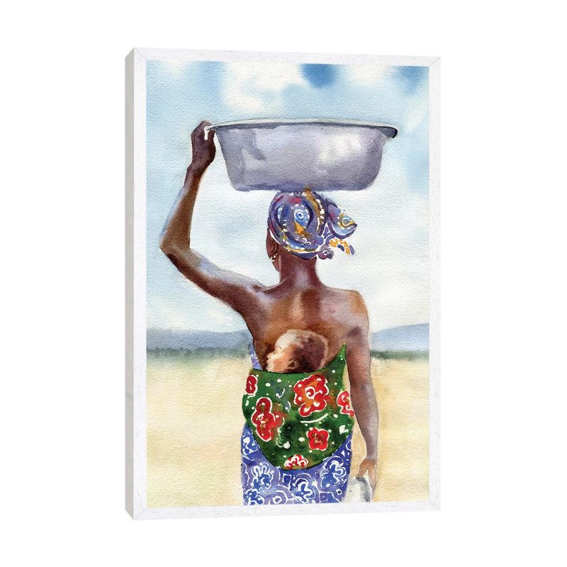 African Mother by Rachel Parker - Painting on Canvas, 101.6 cm H x 66.04 cm W, White Framed