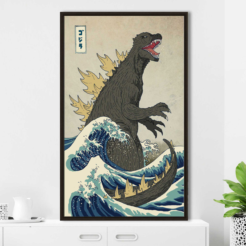 «The Great Monster Off Kanagawa» par - Peinture, H 33,5 po x l 21,5 po x P 2 po, Cadre flottant espresso