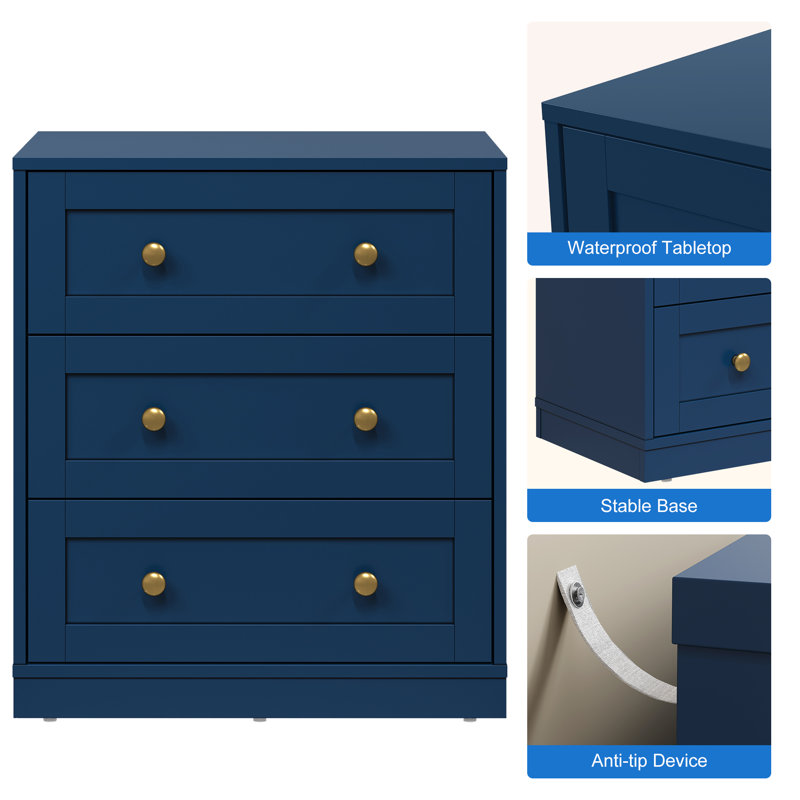 Modern Nightstand With 3 Drawers, Blue
